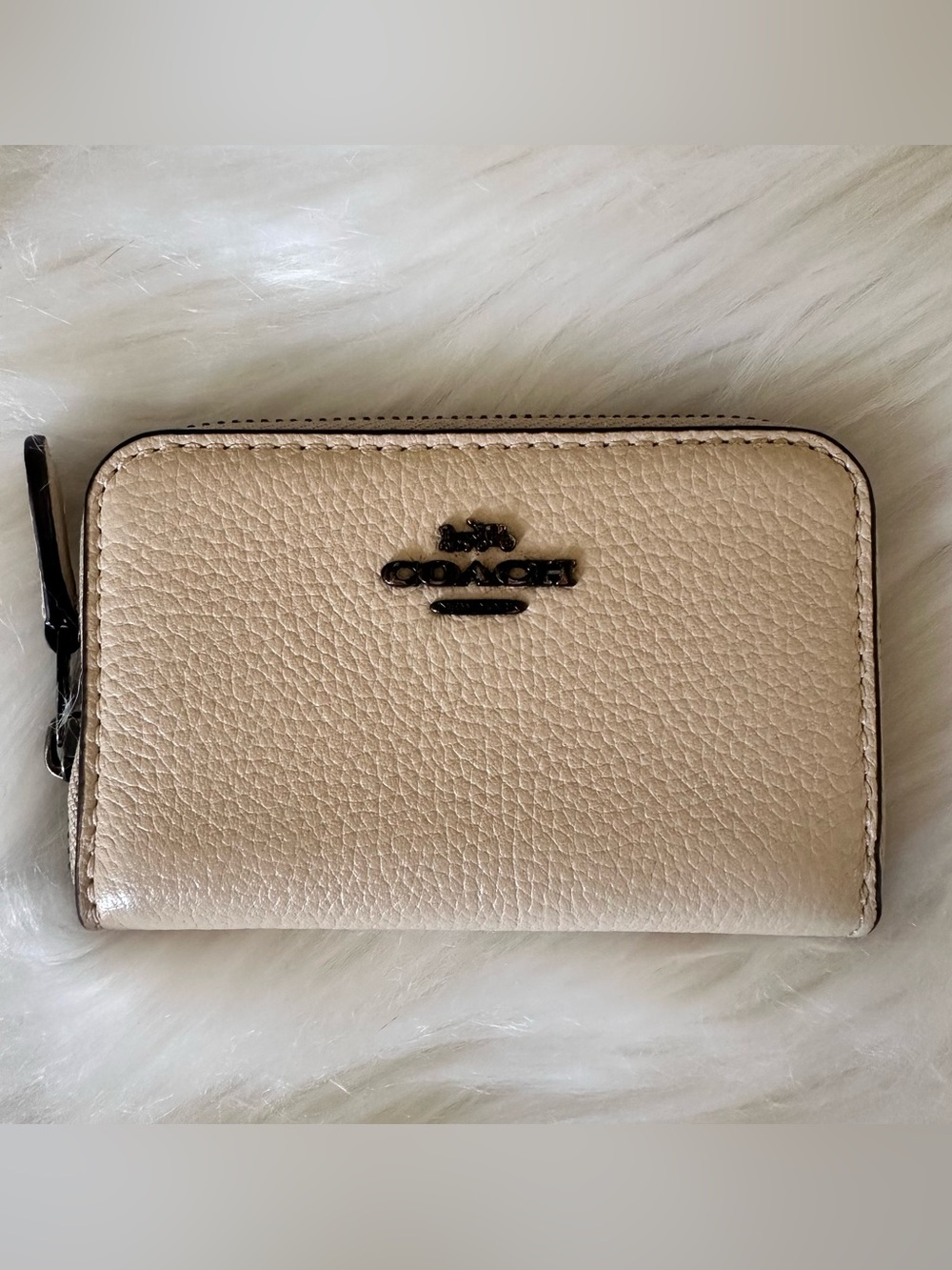 Coach Zipped Mini Skinny Pebbled Leather Wallet in Beige